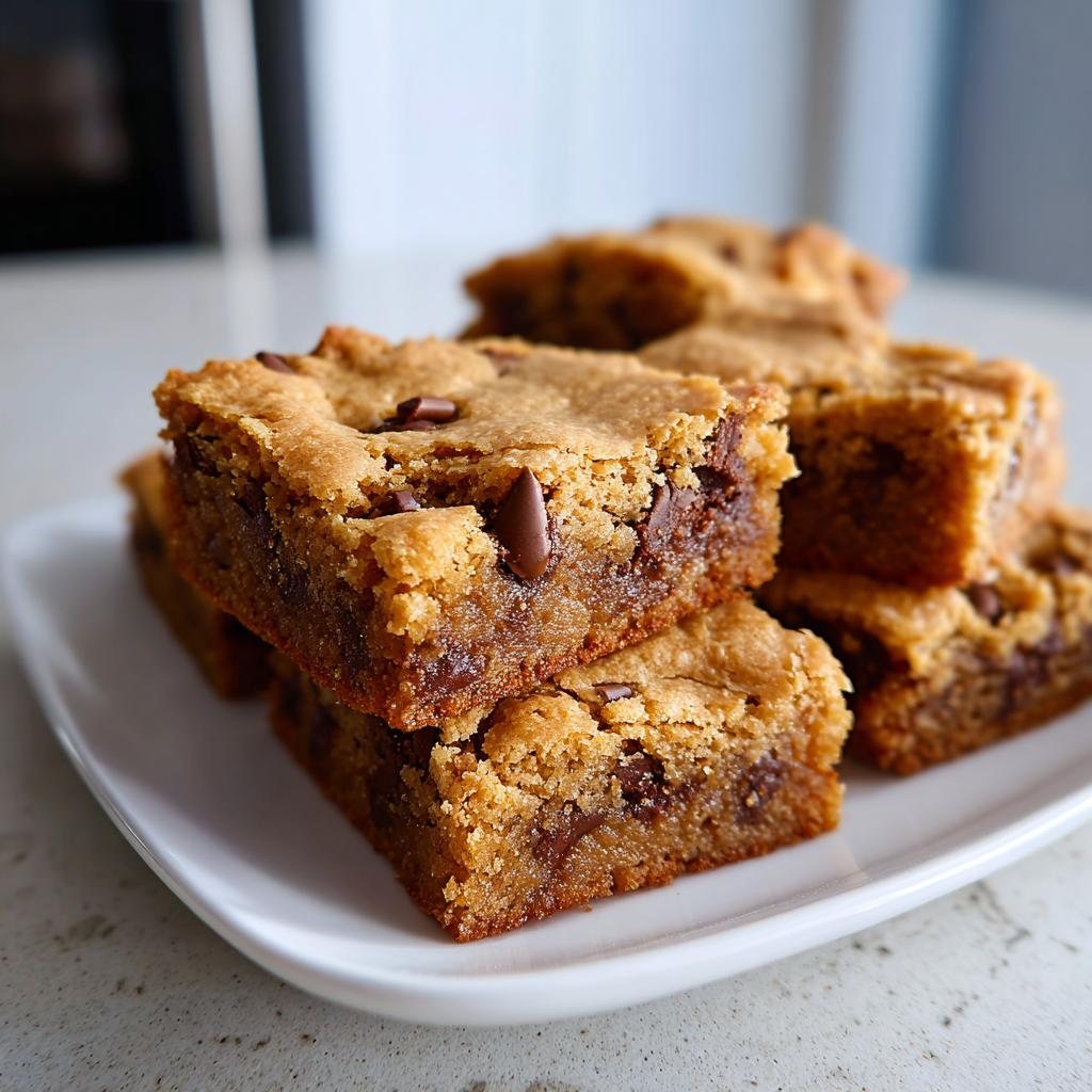 Close-up of moist peanut butter chocolate chip blondies stacked on a white plate.