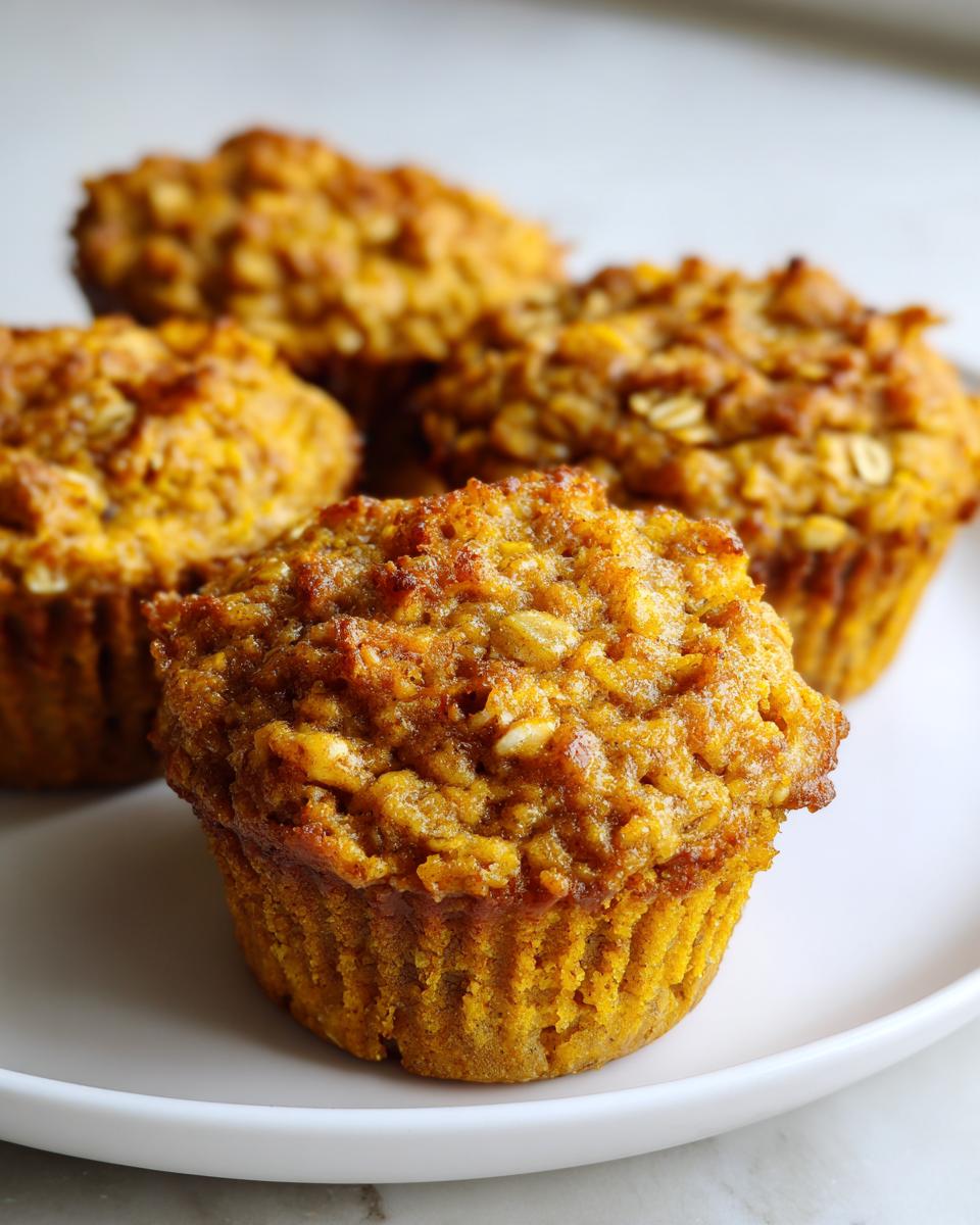 Four pumpkin spice baked oatmeal cups on a white plate, showing a textured golden-brown top.