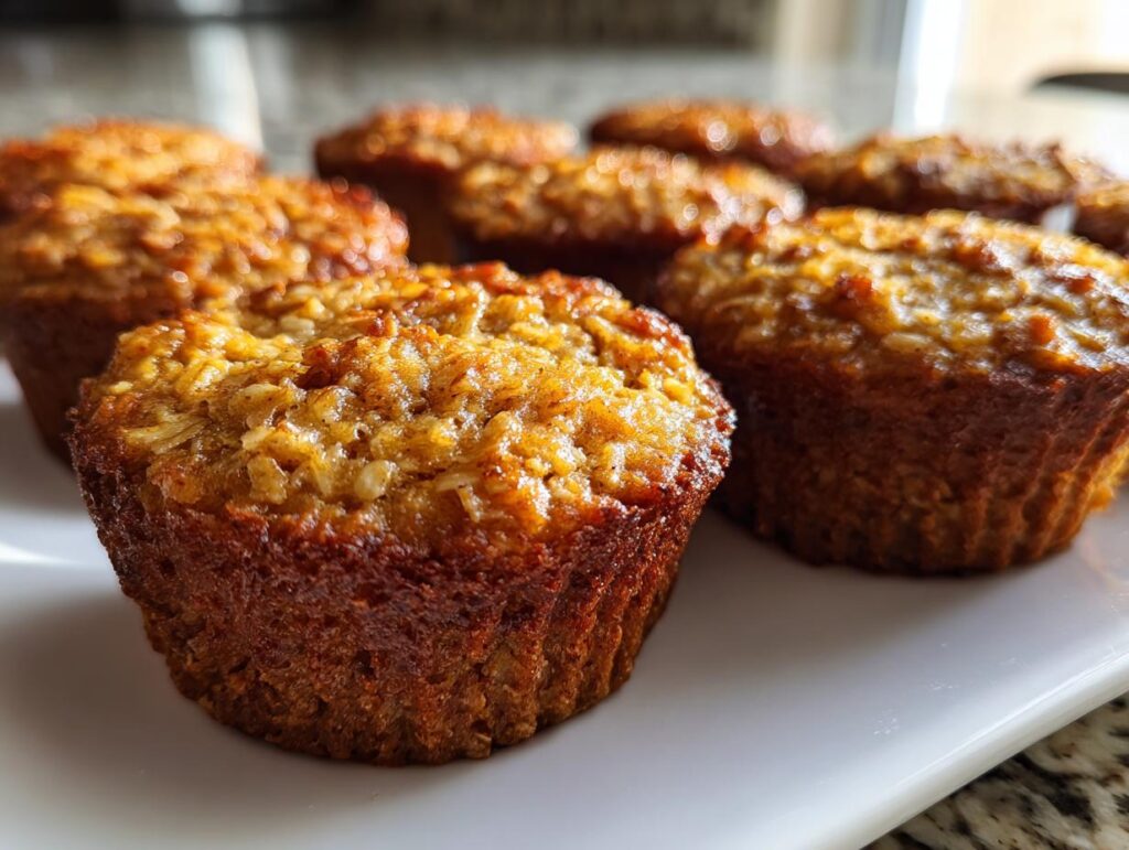 Freshly baked pumpkin spice baked oatmeal cups arranged on a white plate.