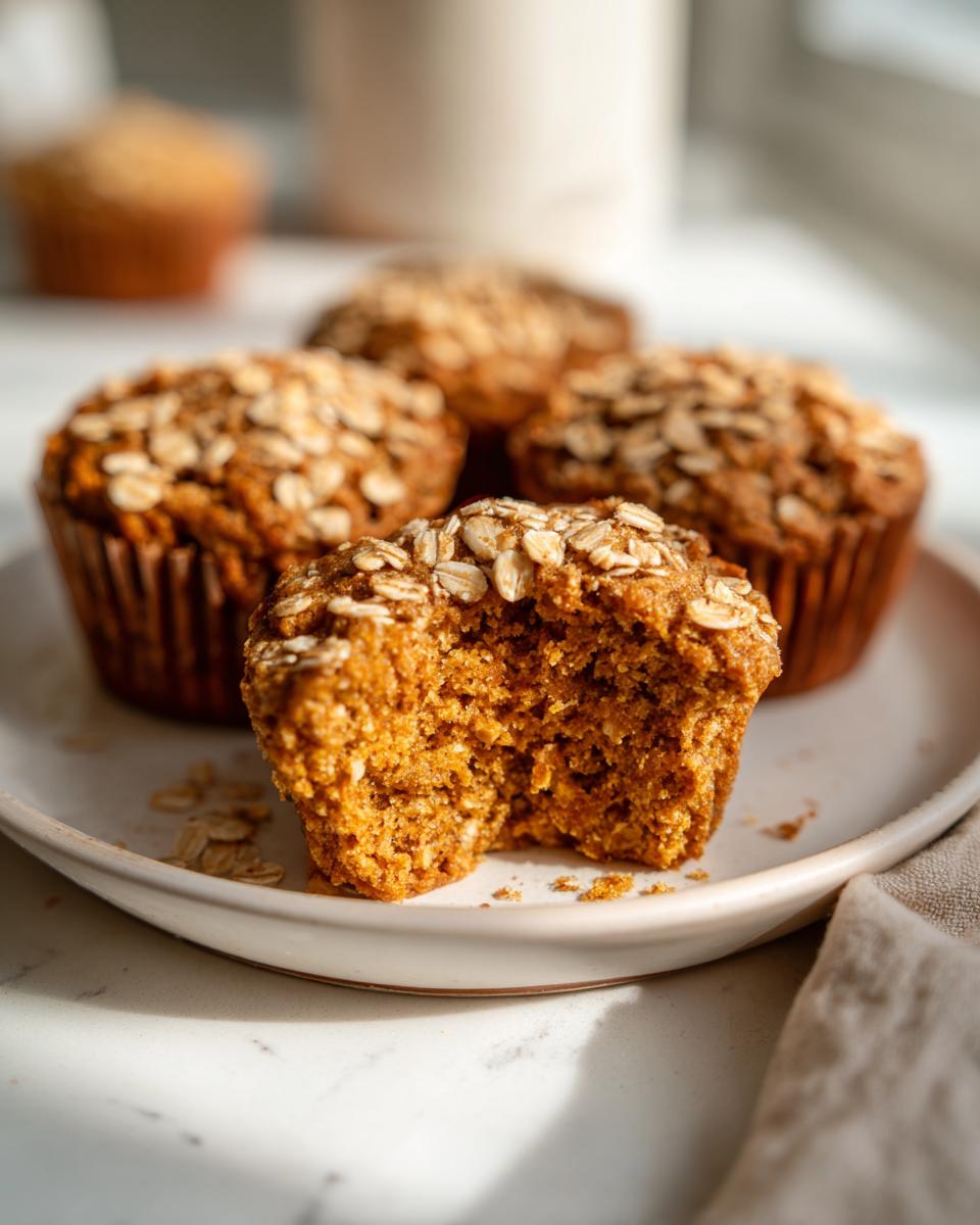 Four pumpkin spice baked oatmeal cups on a white plate, one with a bite taken out showing texture