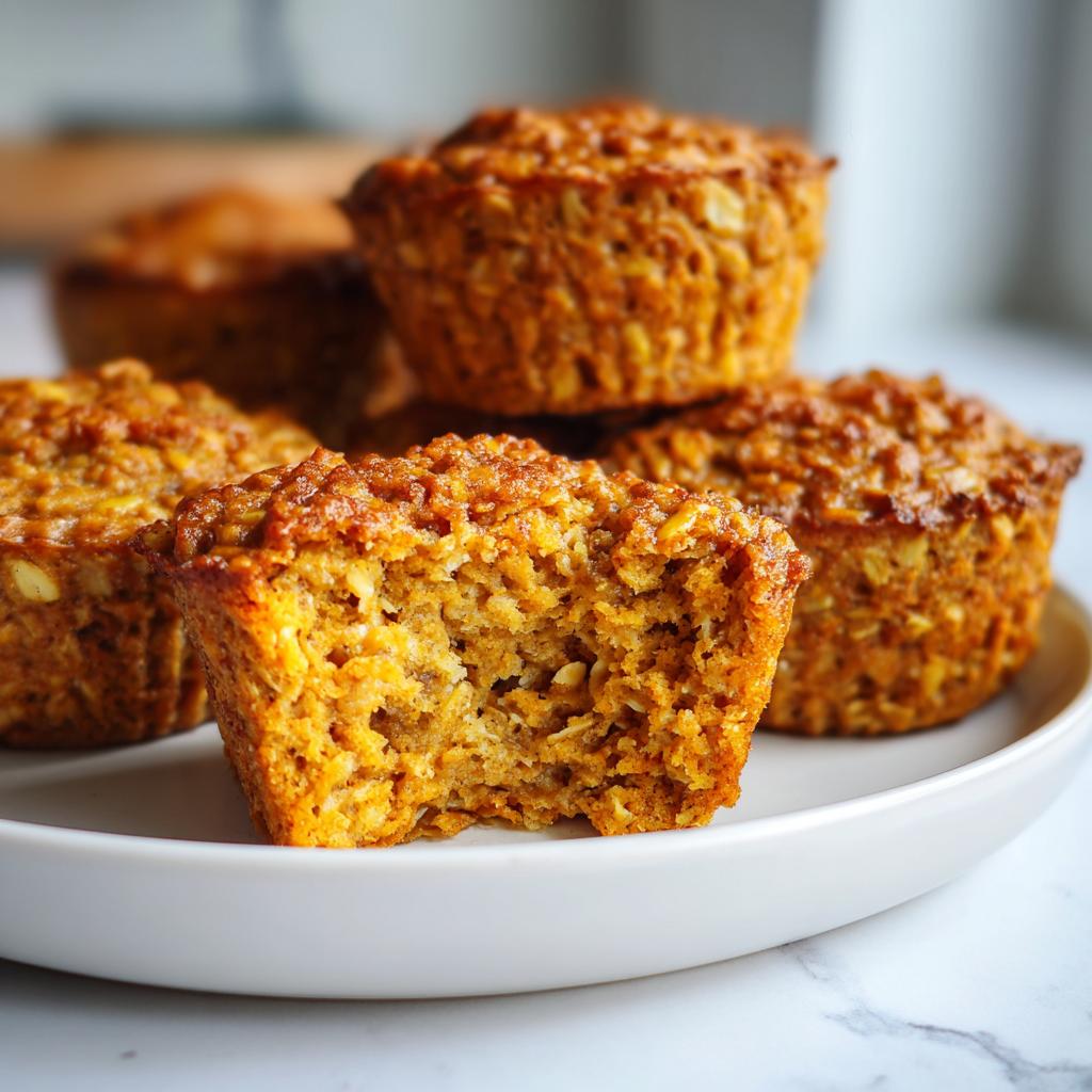 Close-up of pumpkin spice baked oatmeal cups, one with a bite taken showing moist texture