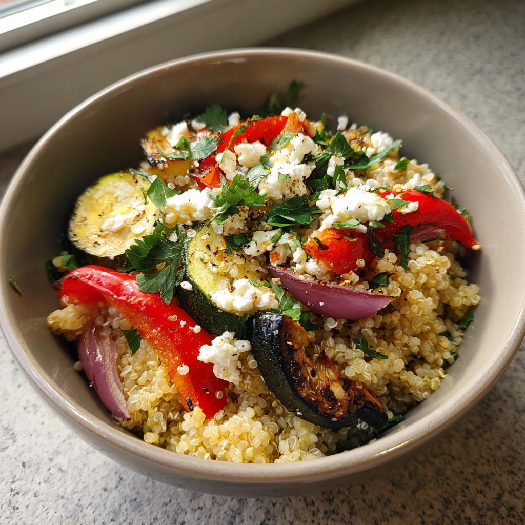 Bowl of quinoa salad with roasted vegetables and feta, garnished with fresh herbs.