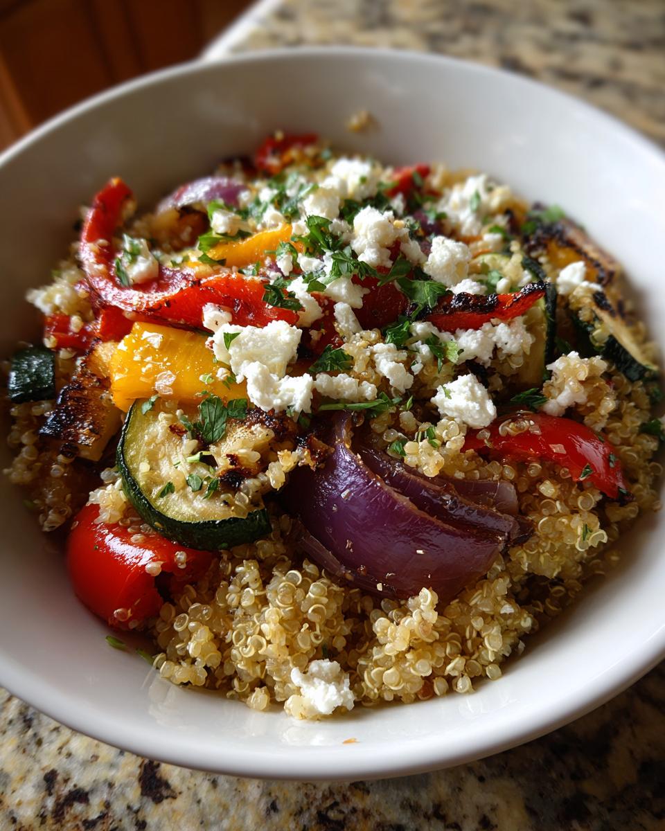Bowl of quinoa salad with roasted red peppers, zucchini, onions, feta cheese, and herbs.