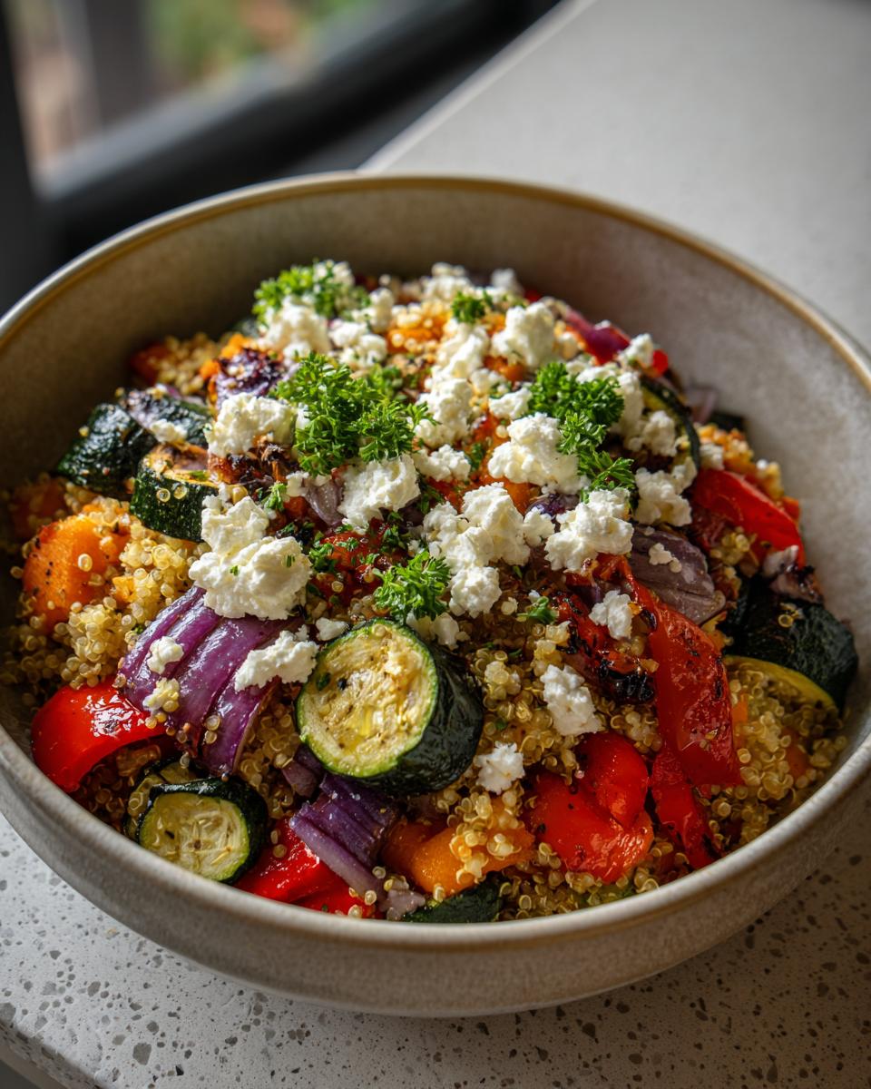 Bowl of quinoa salad with roasted vegetables, feta cheese, and parsley garnish.
