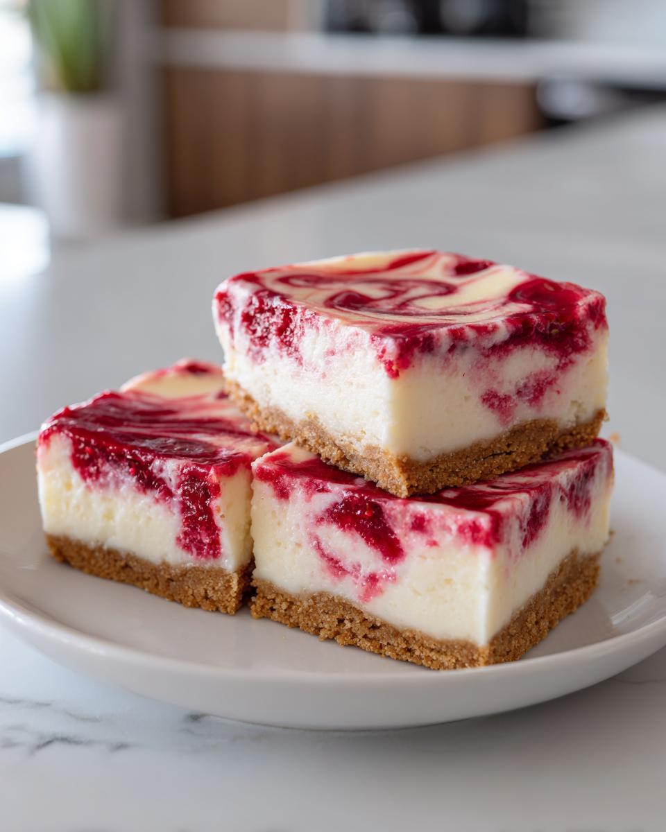Three raspberry swirl cheesecake bars stacked on a white plate with a marble countertop background.