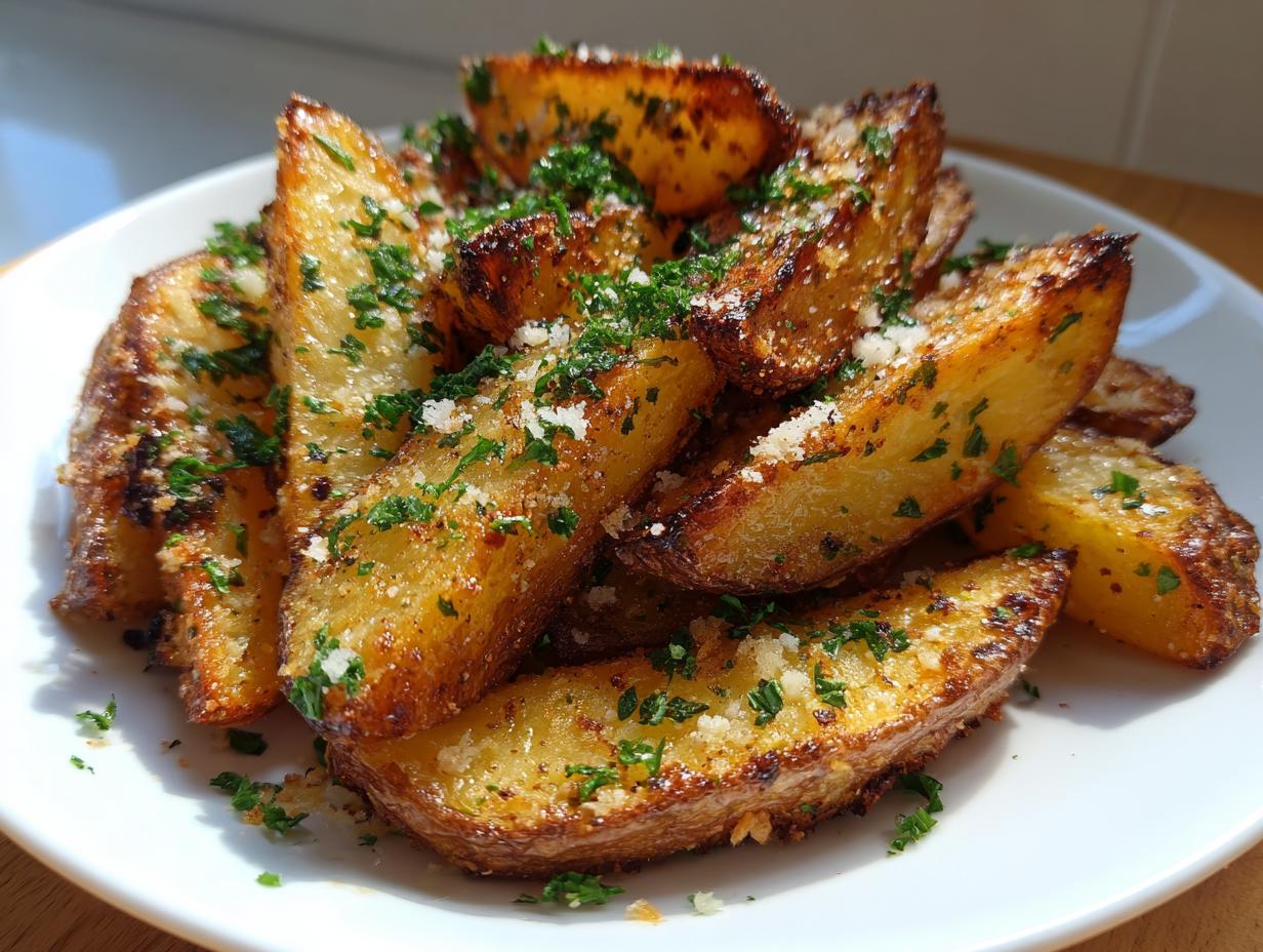Golden roasted garlic parmesan potato wedges garnished with herbs on a white plate.