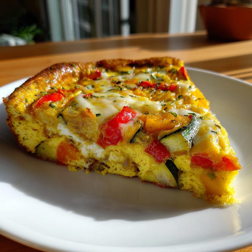 Close-up slice of roasted vegetable frittata breakfast bake with colorful peppers and zucchini on white plate