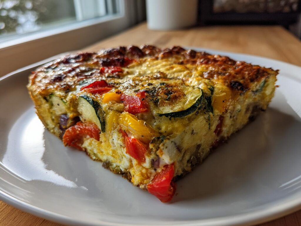 Close-up of a roasted vegetable frittata breakfast bake slice with zucchini and bell peppers on a white plate
