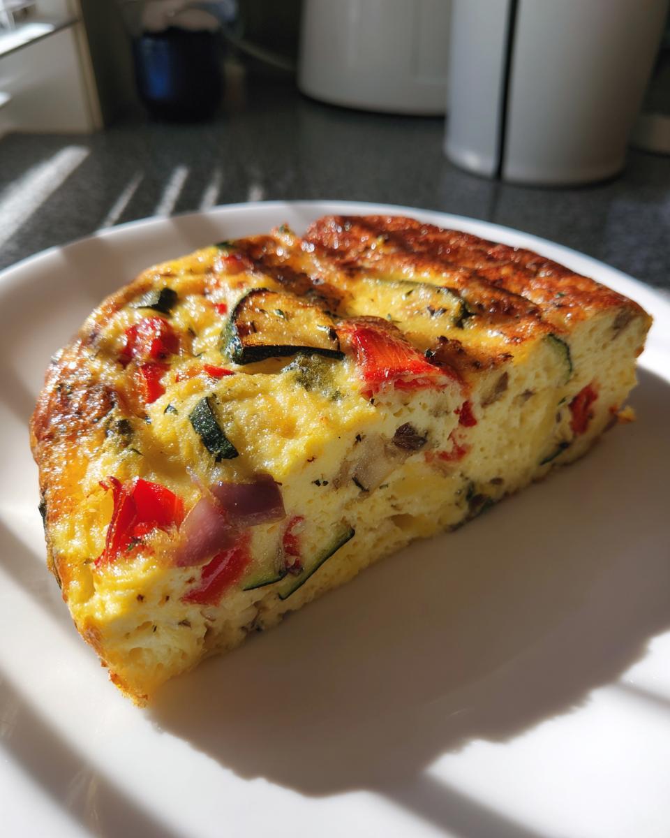 Close-up of a slice of roasted vegetable frittata breakfast bake on a white plate.