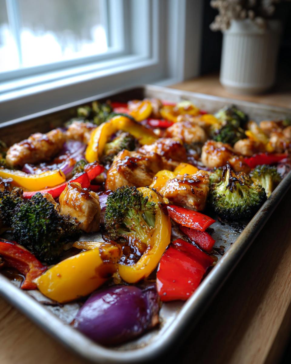 Balsamic glazed chicken pieces with roasted yellow and red bell peppers, broccoli, and red onion on a sheet pan.