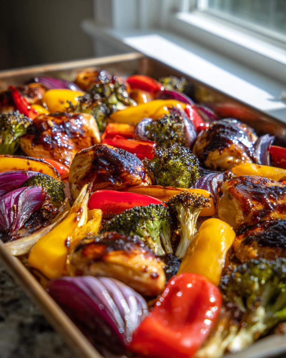 Close-up of roasted sheet pan balsamic chicken and veggies including broccoli, bell peppers, and red onions.