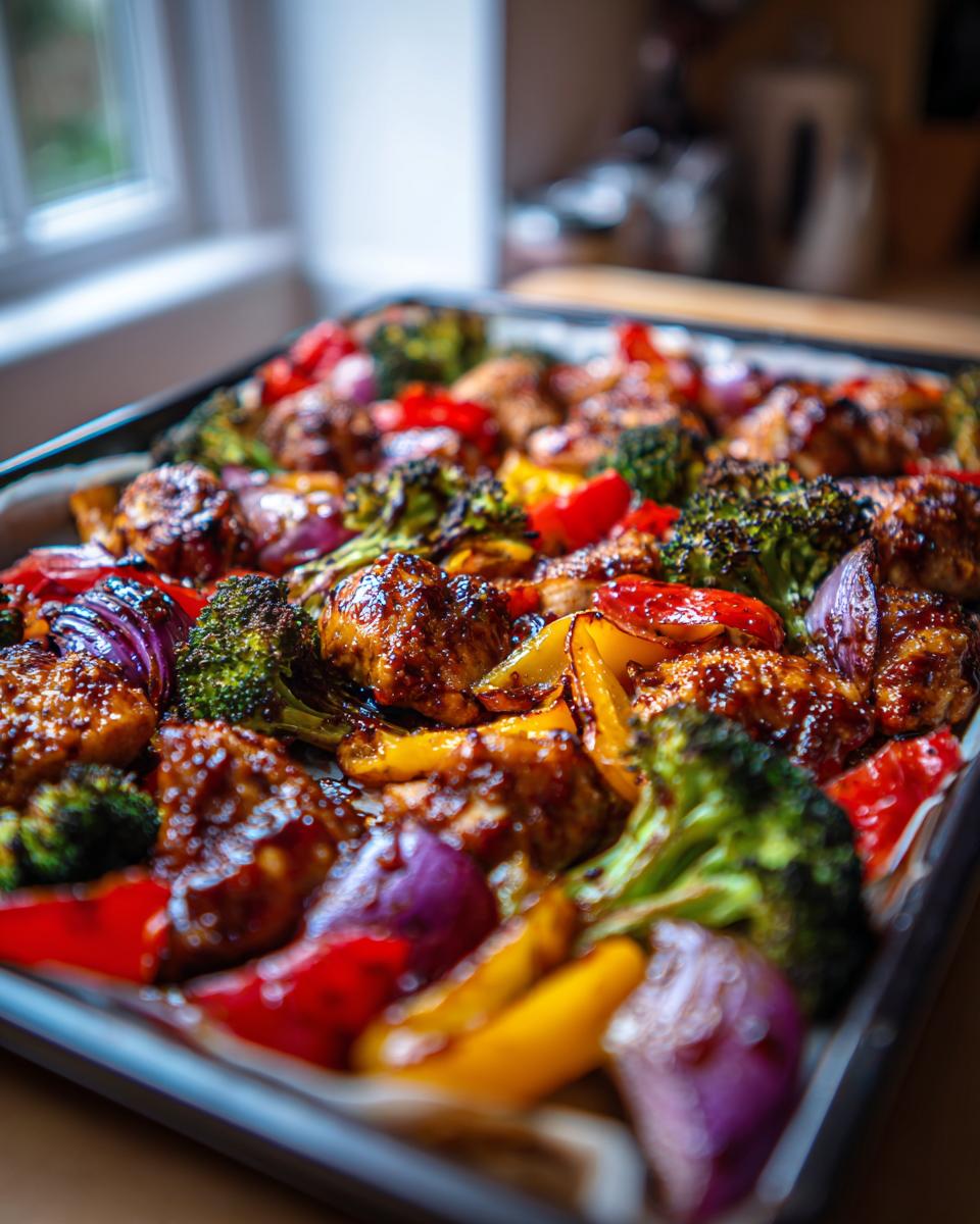 Close-up of sheet pan balsamic chicken and veggies with broccoli, peppers, and onions.