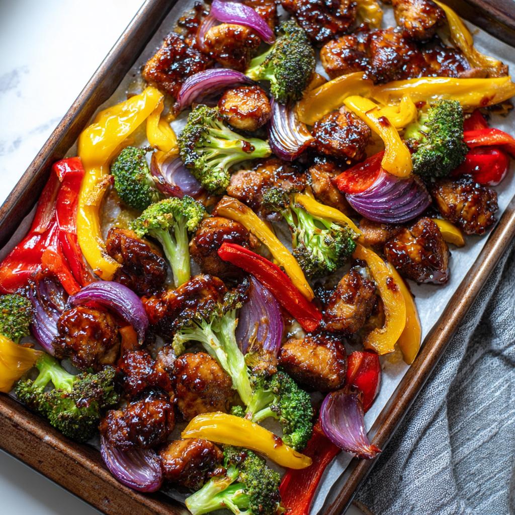 Sheet pan balsamic chicken and veggies with broccoli, bell peppers, and red onion roasted together