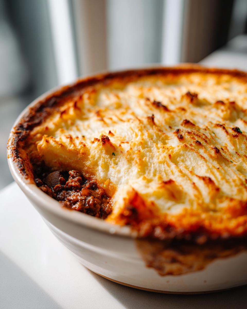 Close-up of shepherds pie with beef and mashed potatoes showing golden baked mashed potato topping