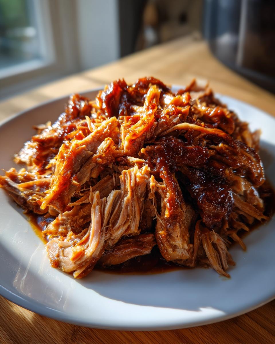 Plate of shredded brown sugar garlic pork roast in slow cooker, glistening with sauce.