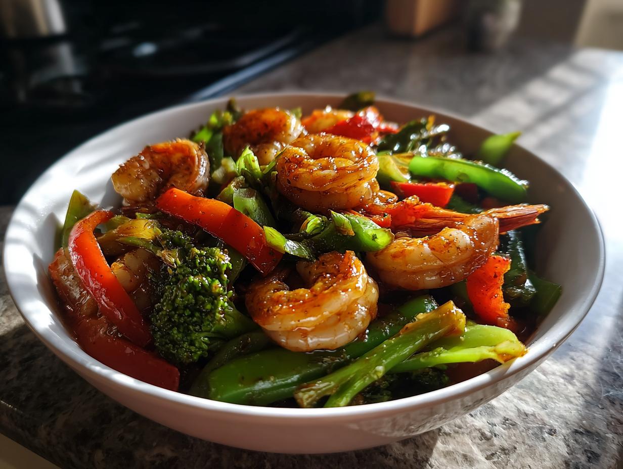 A bowl of shrimp and veggie stir fry with broccoli, red bell pepper, and snap peas.
