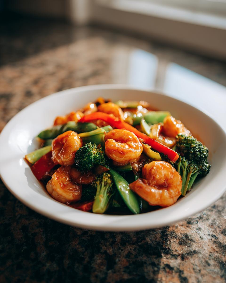 Fresh shrimp and veggie stir fry with broccoli, red peppers, and snap peas in a white bowl.