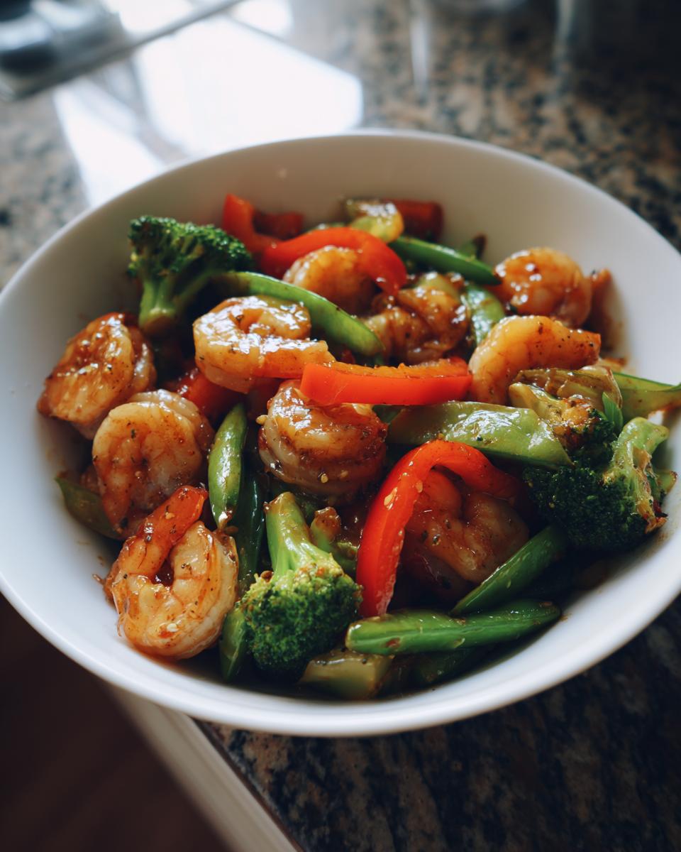 Bowl of shrimp and veggie stir fry with broccoli, red bell peppers, and snap peas.