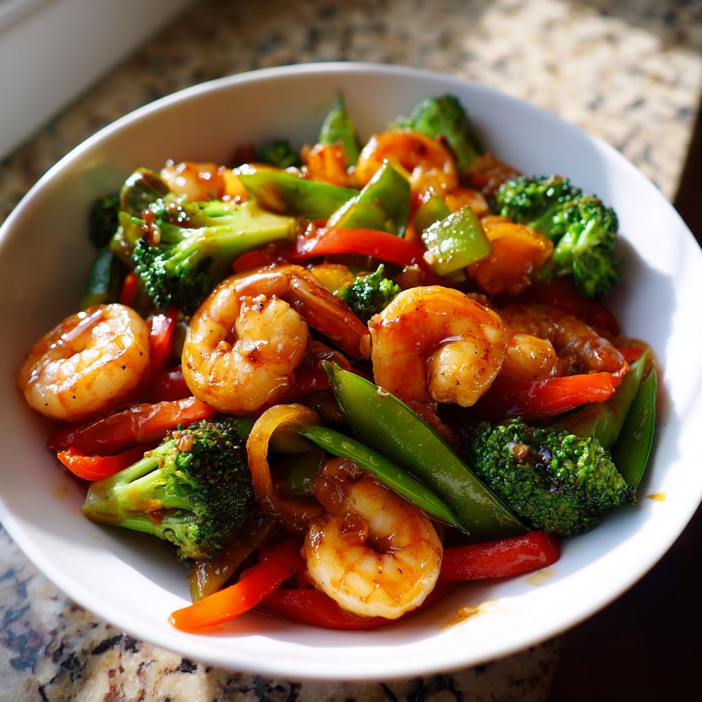 Bowl of shrimp and veggie stir fry with broccoli, snap peas, and red bell peppers.