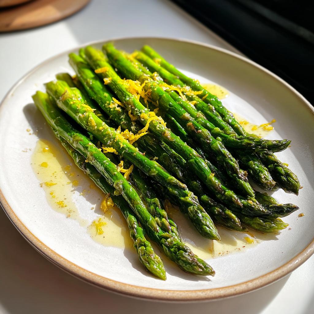 Plate of simple roasted asparagus with lemon zest and drizzle of olive oil