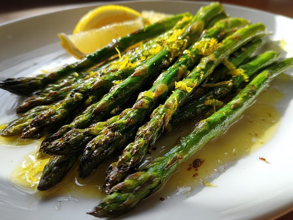 Close-up of simple roasted asparagus with lemon zest and lemon wedges on a white plate