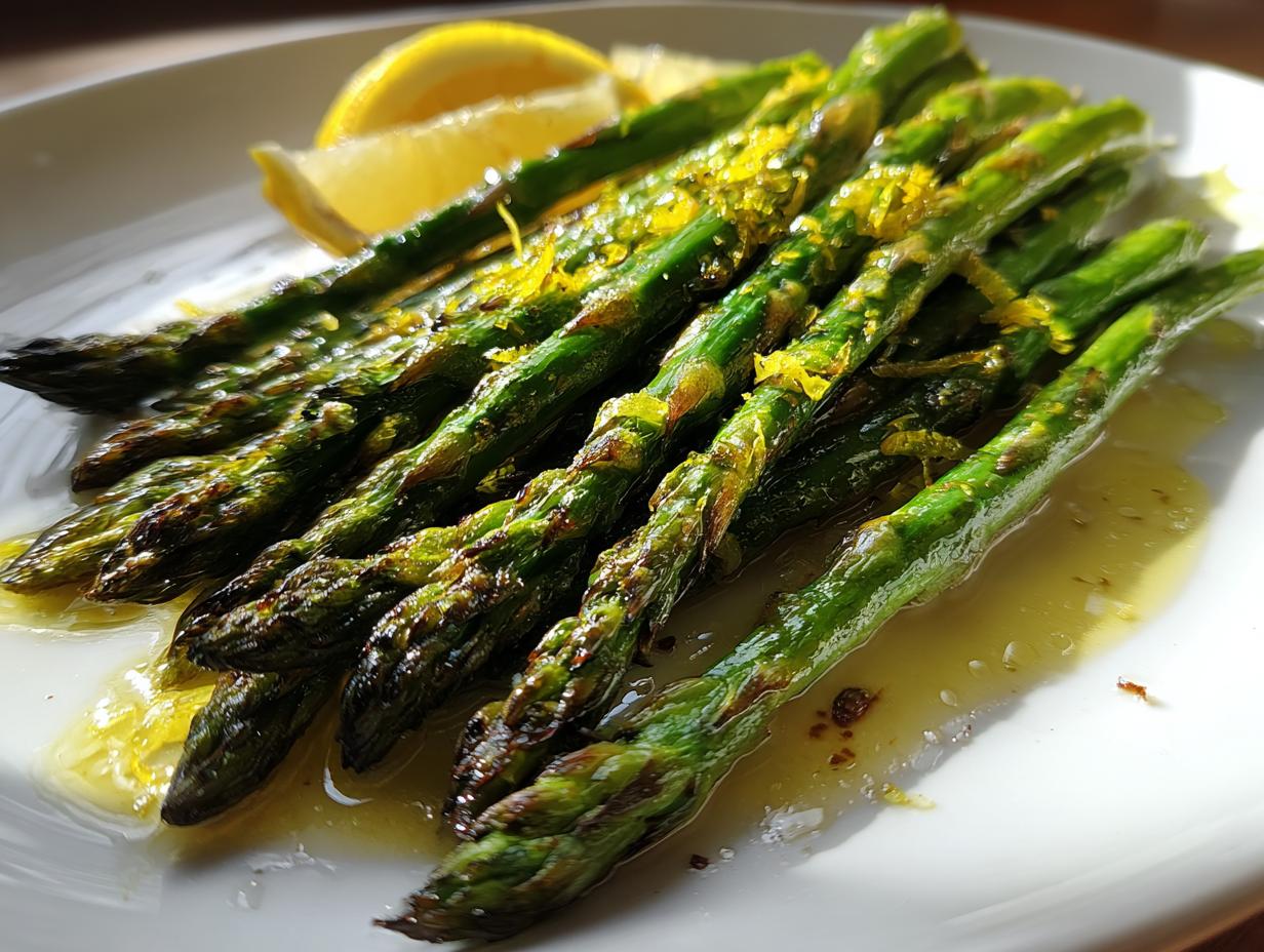 Close-up of simple roasted asparagus with lemon zest and lemon wedges on a white plate
