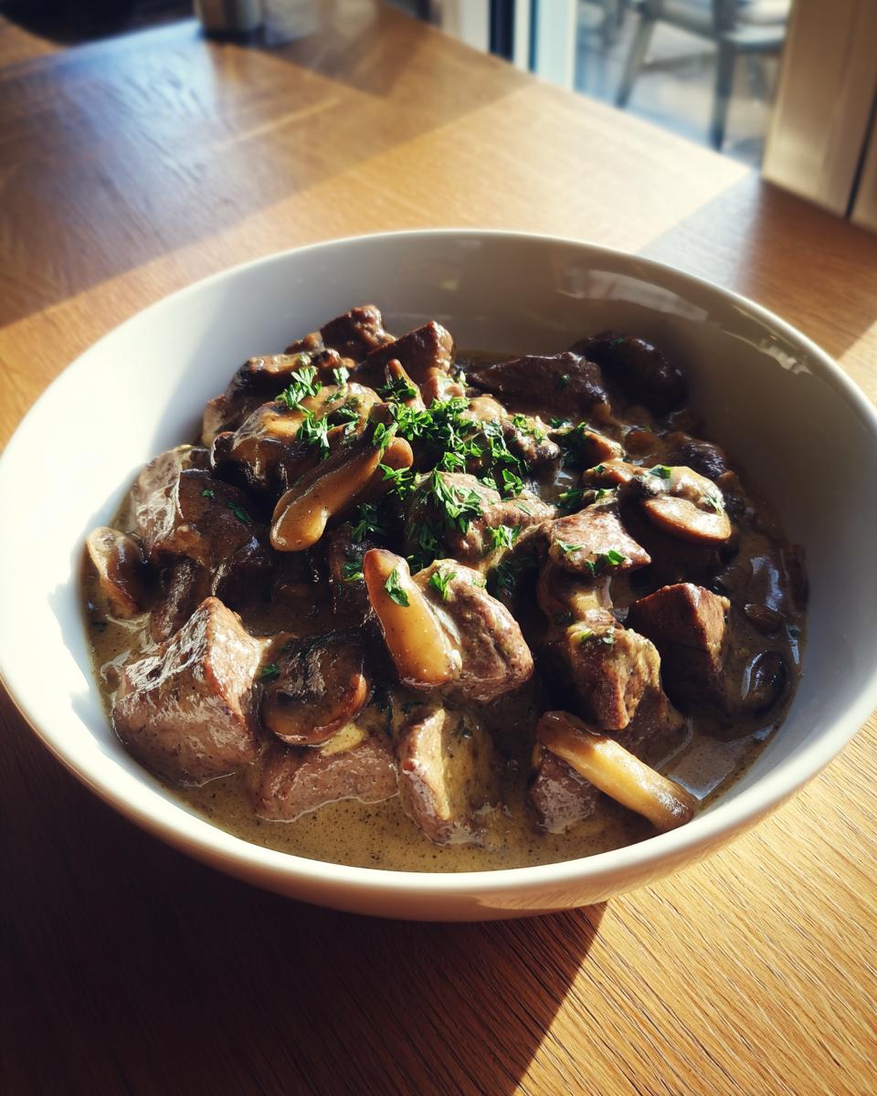 Bowl of creamy skillet beef stroganoff with mushrooms garnished with fresh herbs.