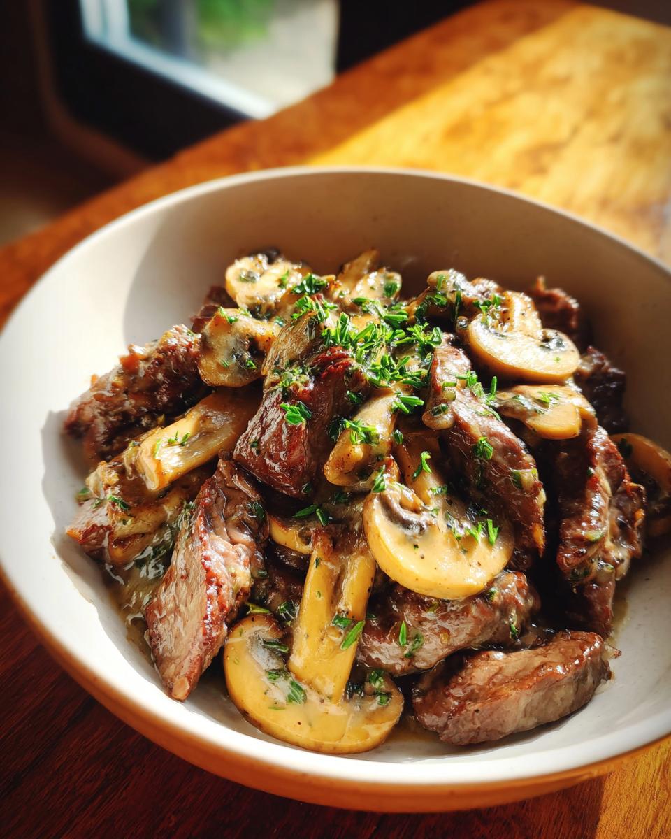 A bowl of skillet beef stroganoff with mushrooms garnished with fresh herbs.