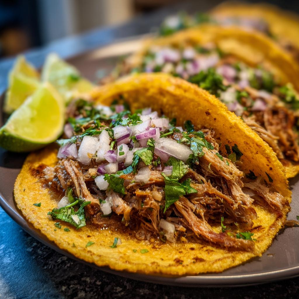 Close-up of slow cooker pork carnitas for tacos topped with onions and cilantro on corn tortillas