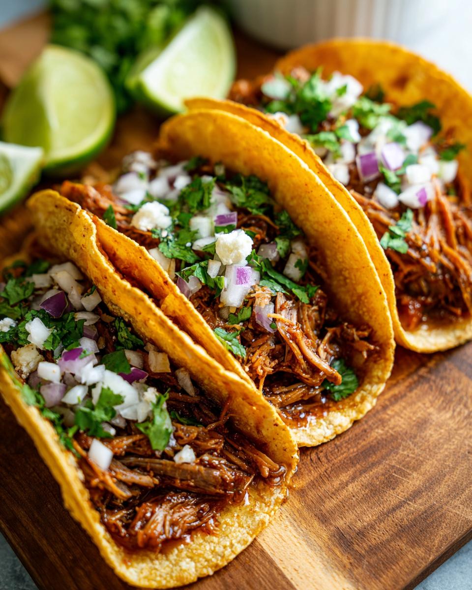 Three tacos filled with slow cooker pork carnitas topped with diced onions and cilantro