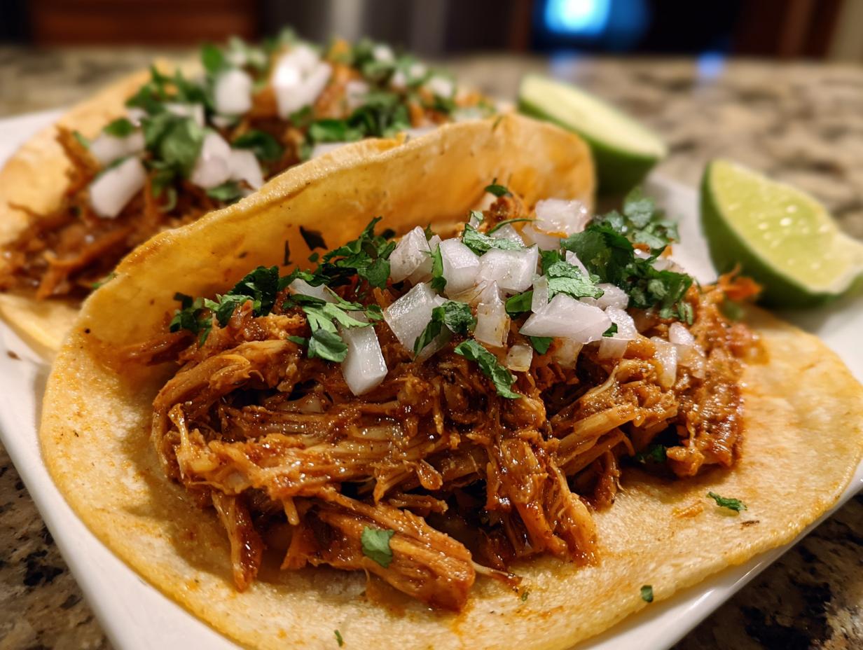 Close-up of slow cooker pork carnitas for tacos topped with chopped onions and cilantro on corn tortillas.