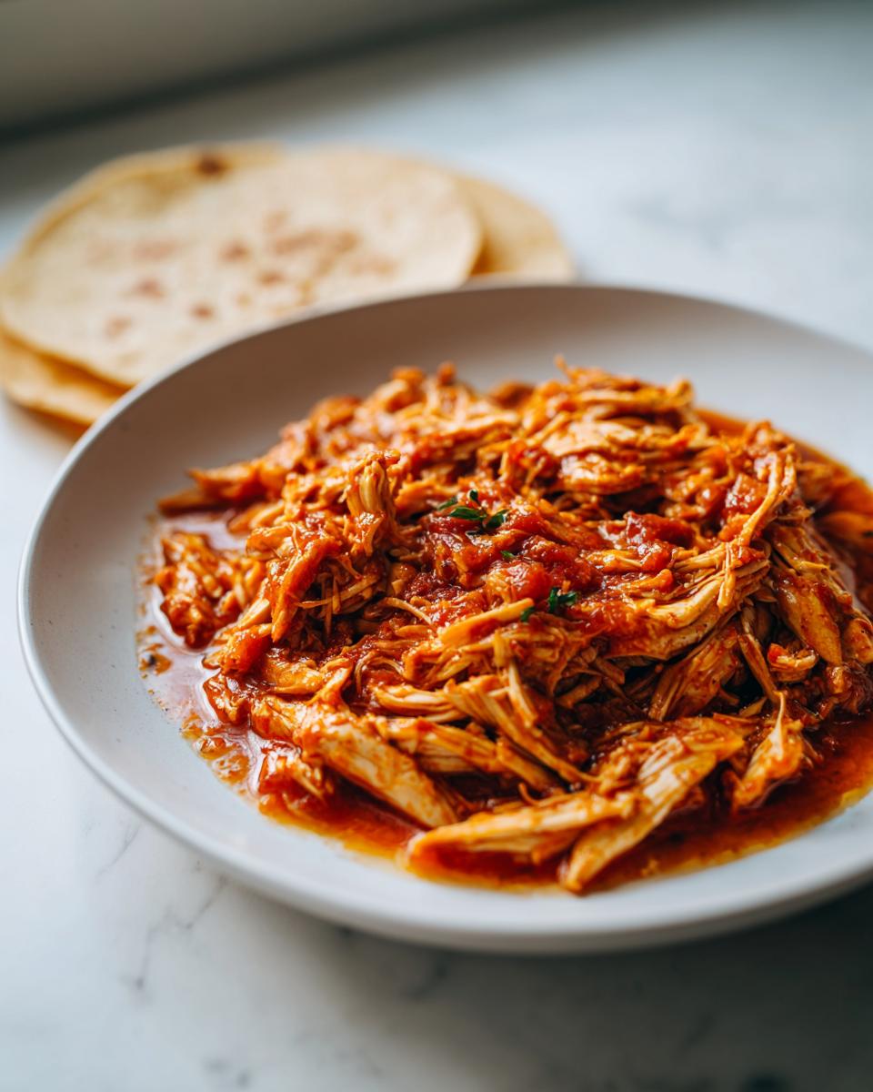 Bowl of shredded slow cooker salsa chicken taco filling with tortillas in the background.