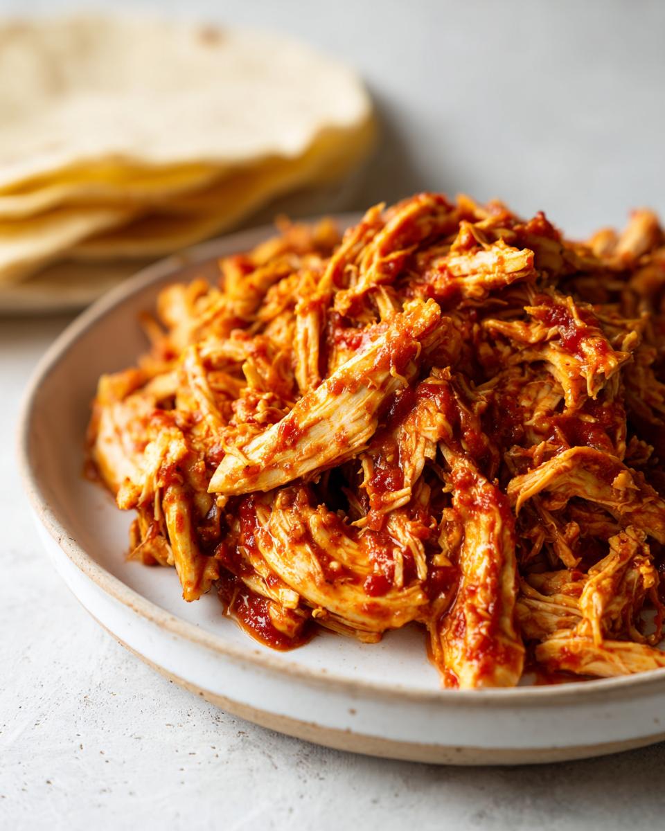 Plate of slow cooker salsa chicken taco filling with soft tortillas in background.