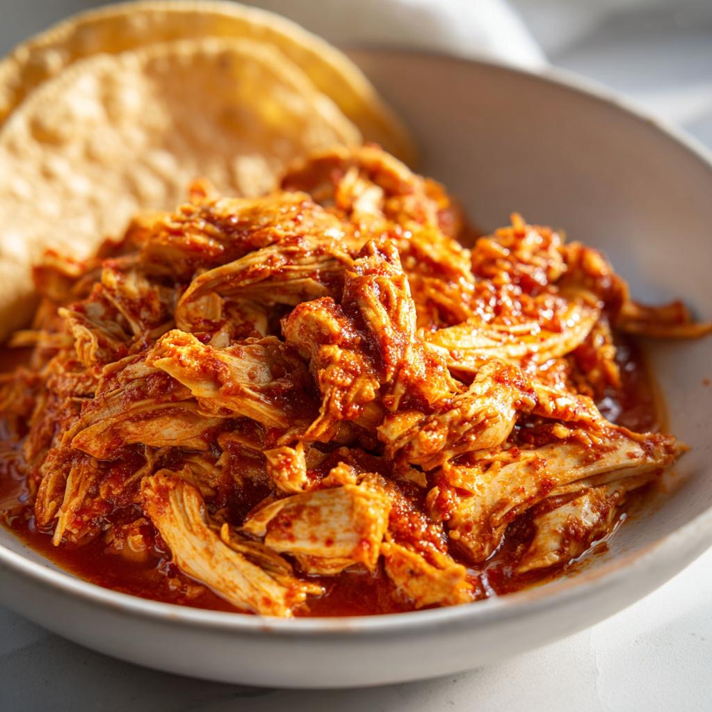 Close-up of shredded salsa chicken in a bowl with tortillas on the side, perfect slow cooker salsa chicken taco filling