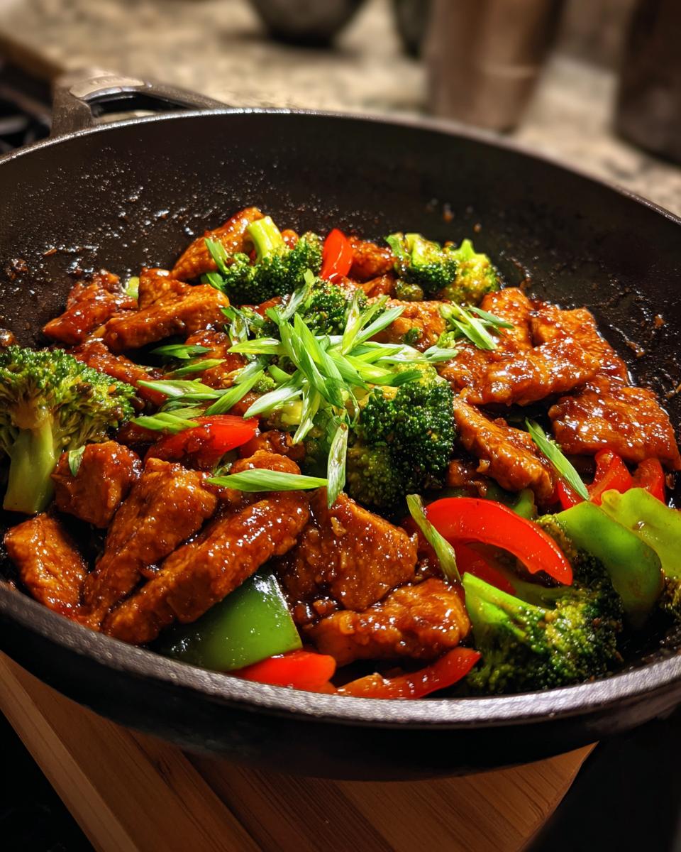 Soy ginger glazed pork stir fry with broccoli, red bell peppers, and green onions in a cast iron skillet