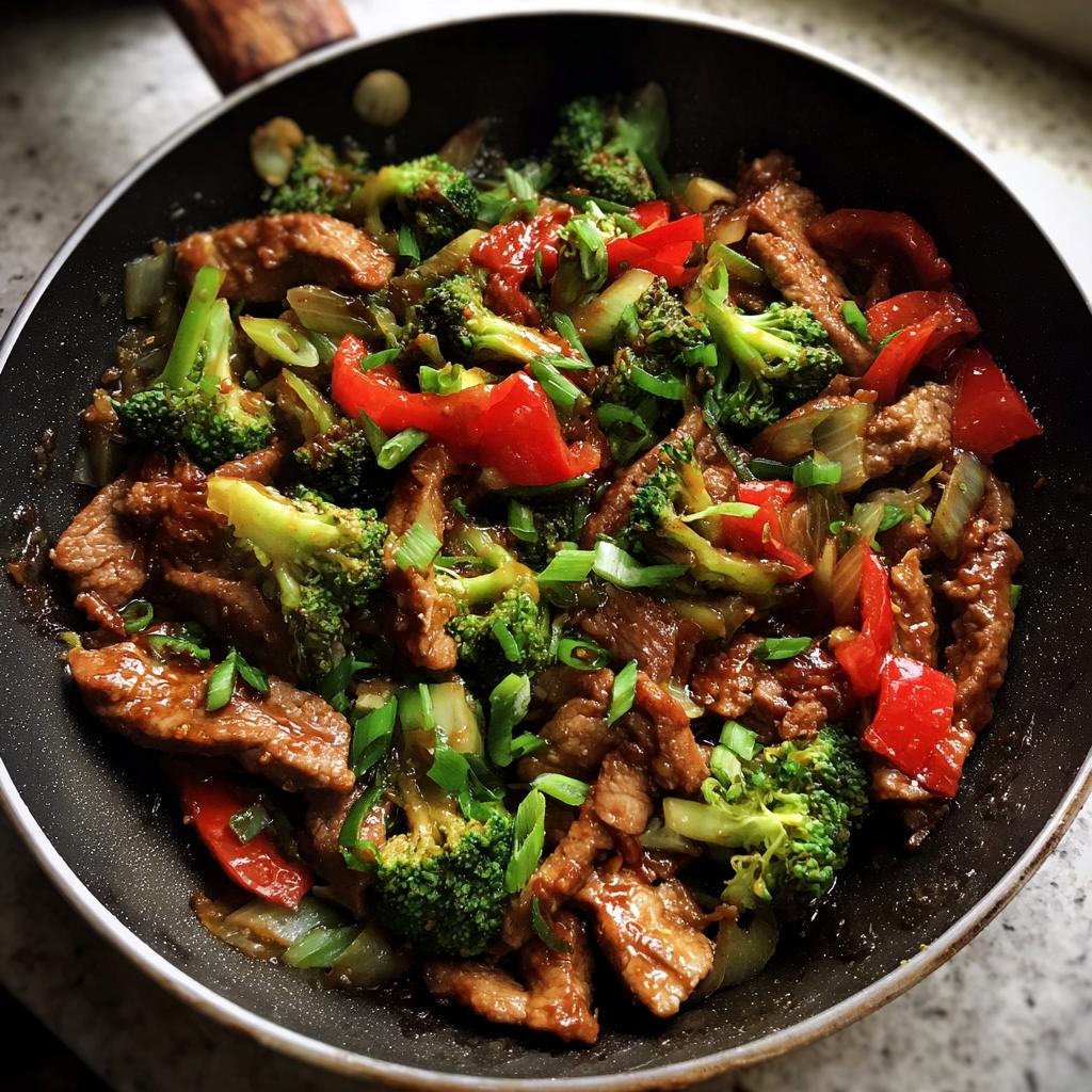 Soy ginger glazed pork stir fry with broccoli, red bell peppers, and green onions in a pan