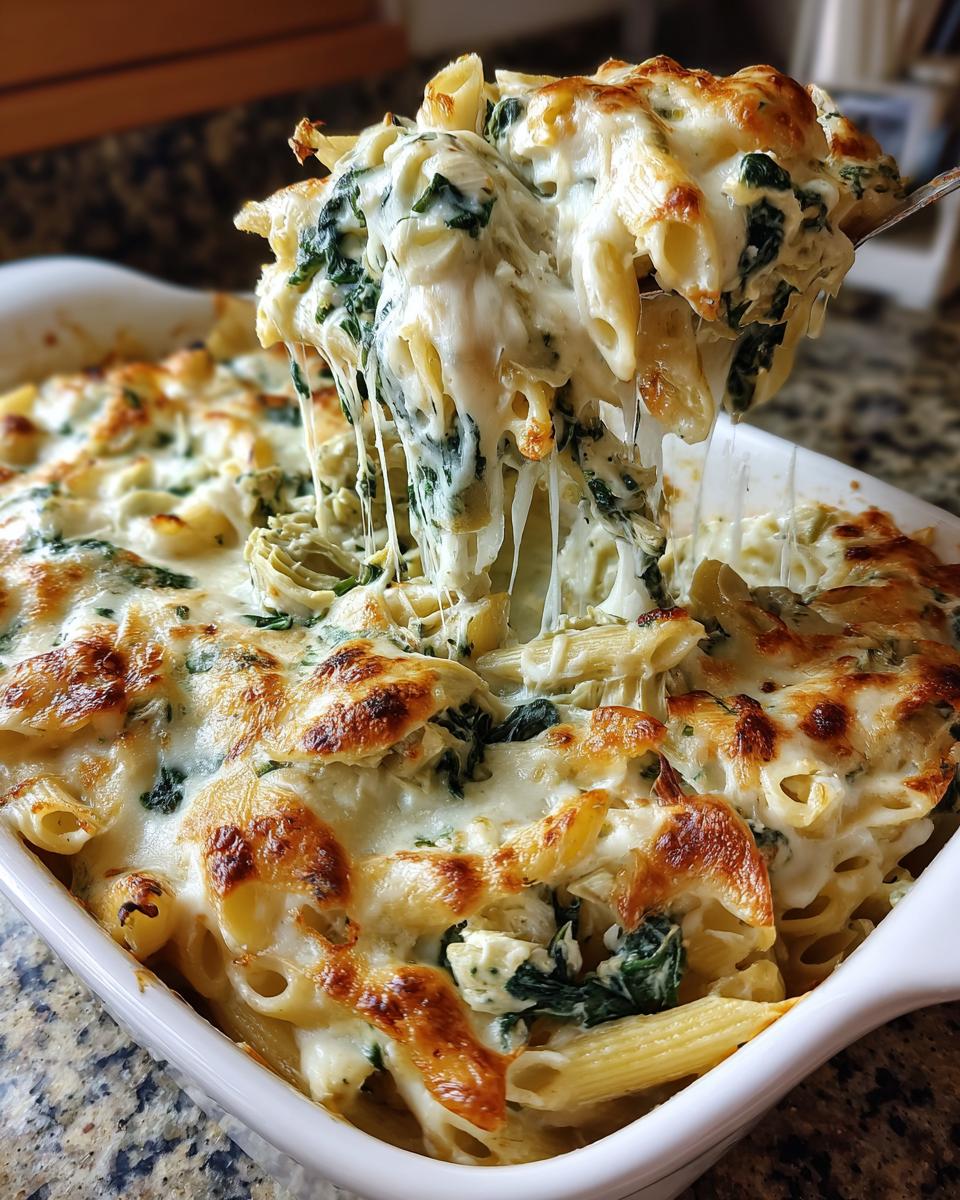 Cheesy spinach artichoke pasta bake dinner being served with melted cheese stretching.