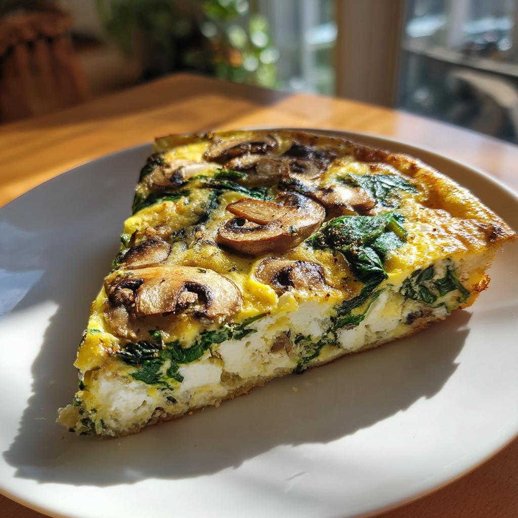 Single slice of spinach mushroom and feta crustless quiche on a white plate.