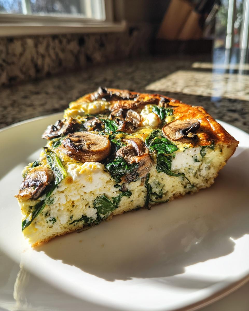 A slice of spinach mushroom and feta crustless quiche on a white plate.