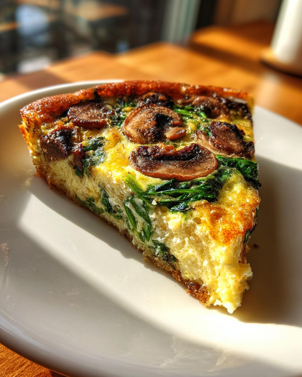 Close-up of a spinach mushroom and feta crustless quiche slice on a white plate.