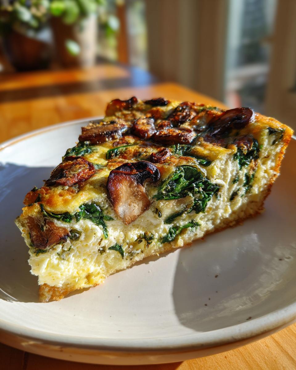 Slice of spinach mushroom and feta crustless quiche on a white plate with a wooden background