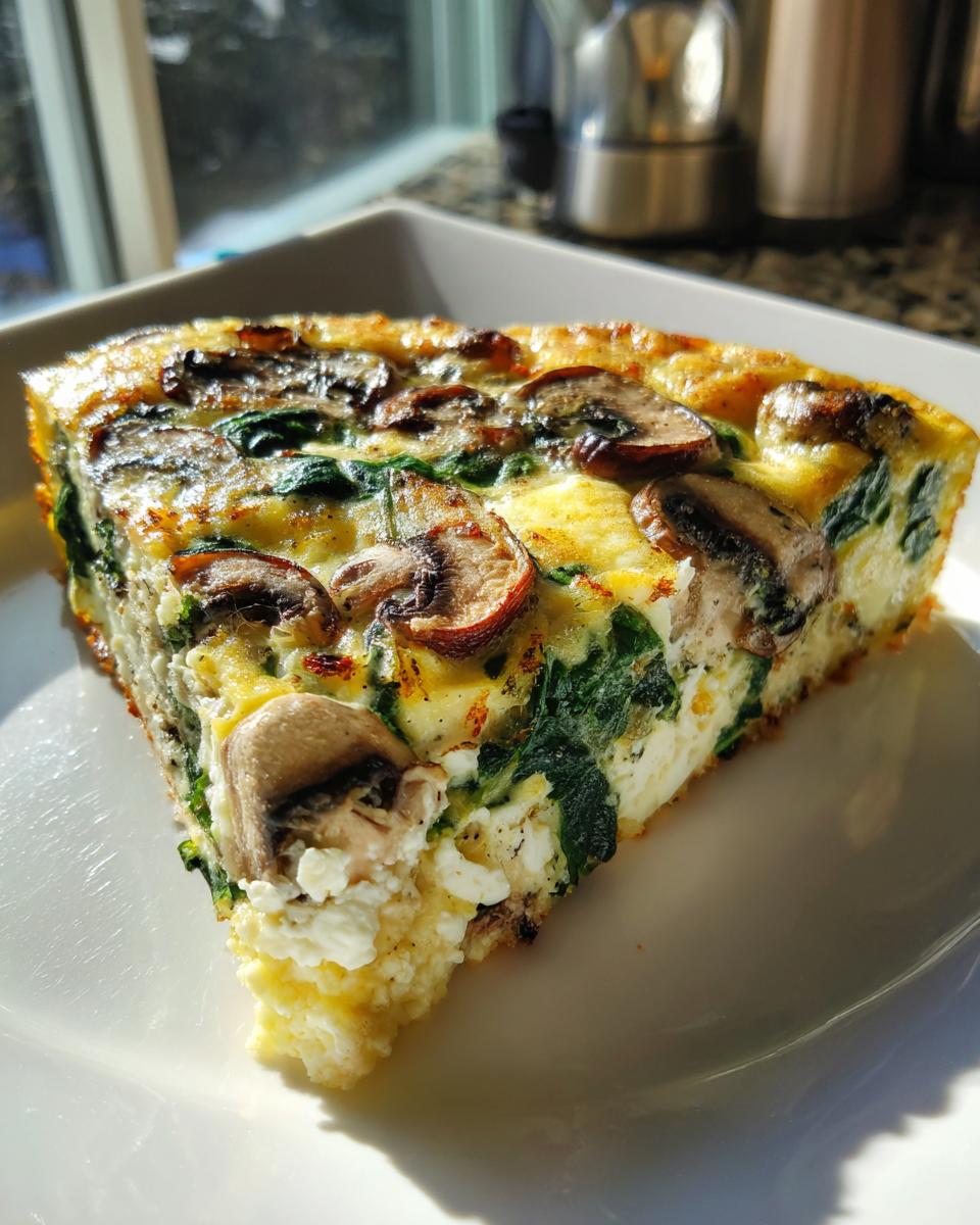 Close-up of a spinach mushroom and feta crustless quiche slice on a white plate.