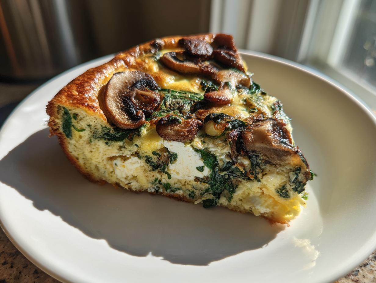 Close-up of a spinach mushroom and feta crustless quiche slice on a white plate.