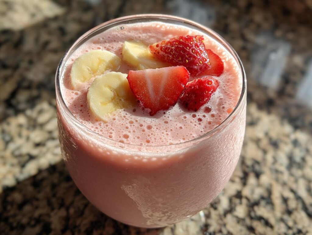 Close-up of a strawberry banana smoothie with greek yogurt topped with fresh banana and strawberry slices.