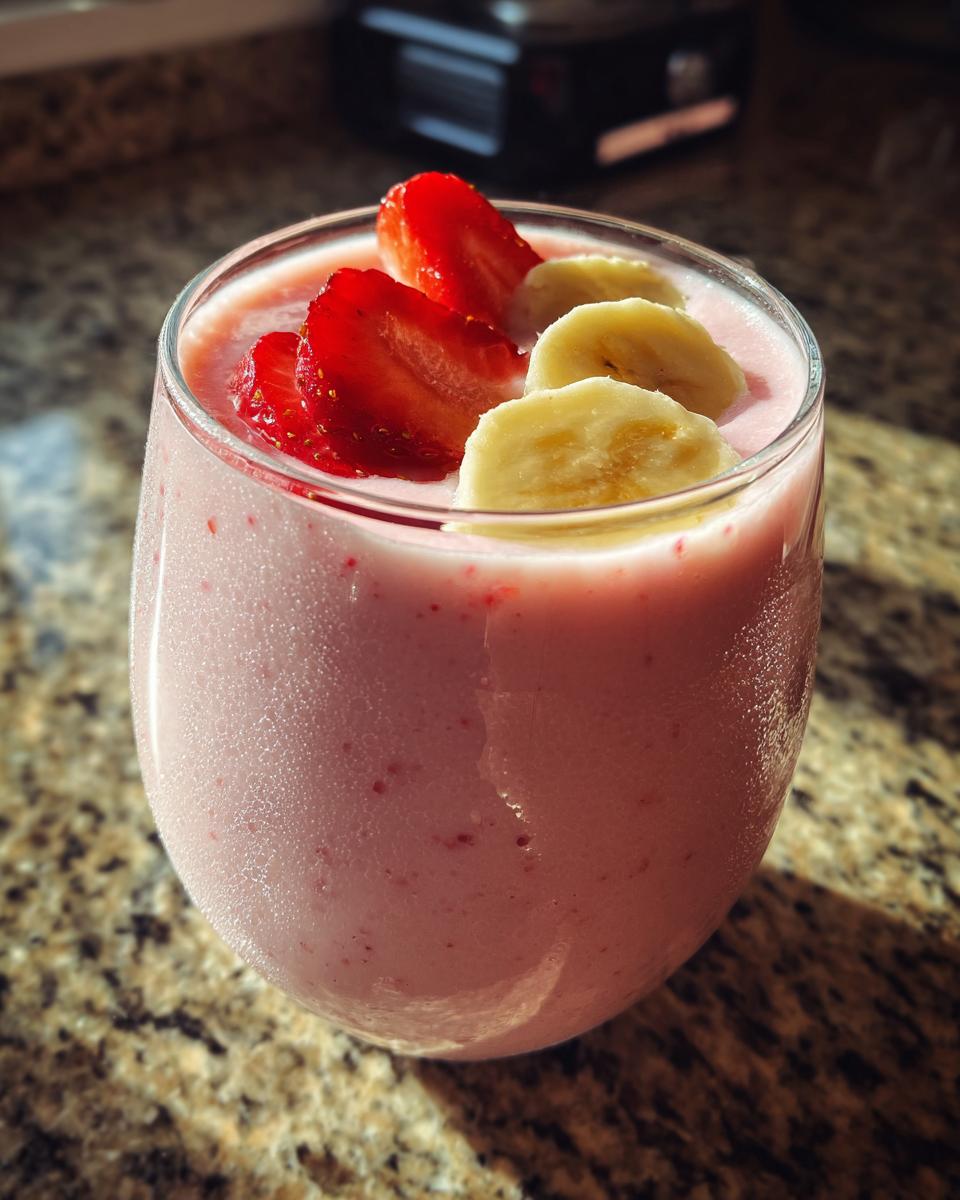 Glass of pink strawberry banana smoothie with greek yogurt topped with sliced strawberries and bananas
