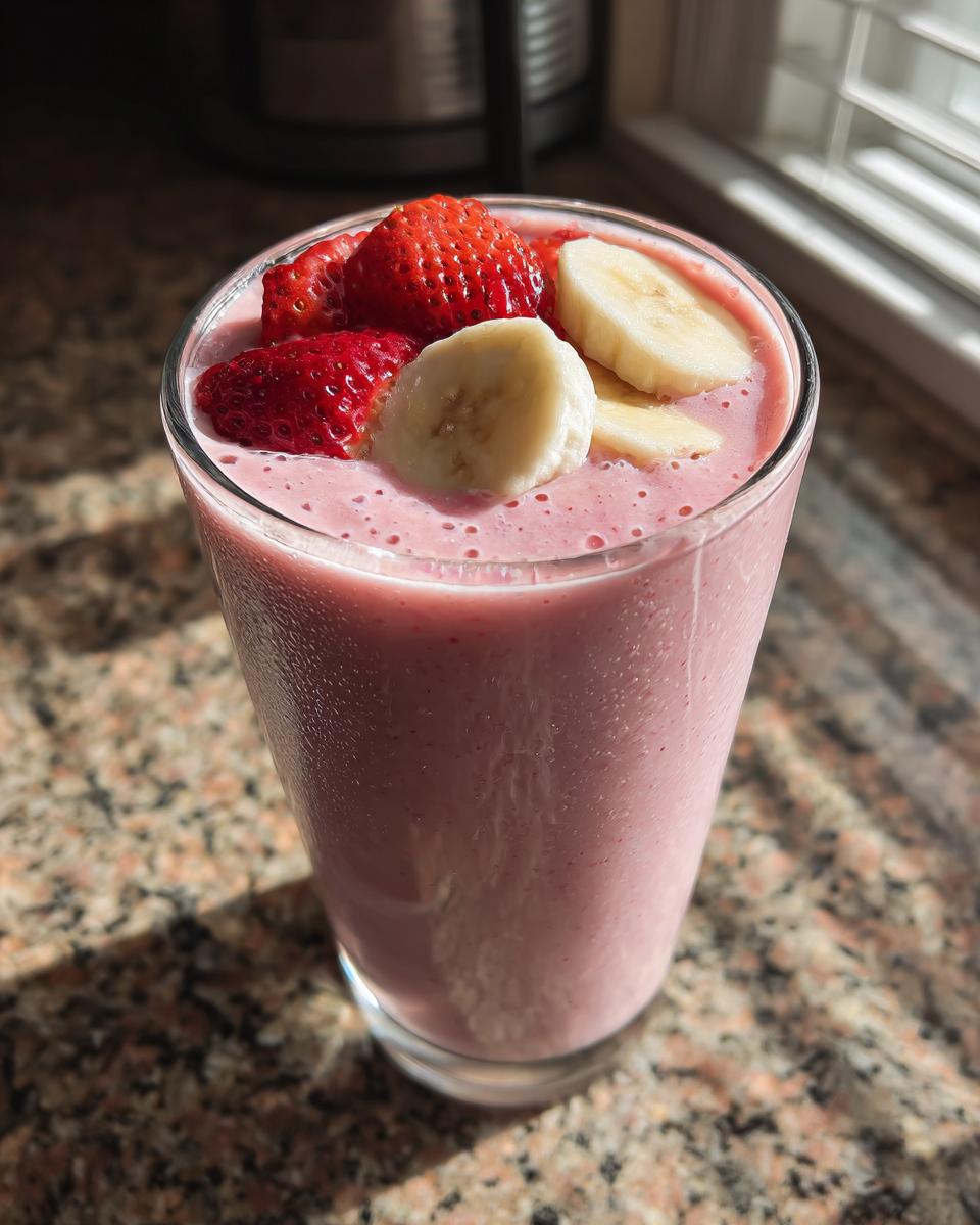 Glass of strawberry banana smoothie with greek yogurt topped with fresh strawberry and banana slices