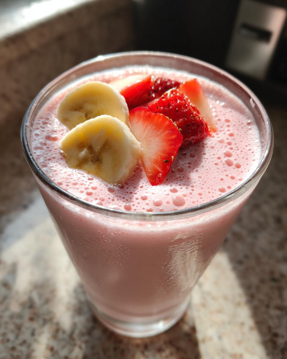 Close-up of a pink strawberry banana smoothie with greek yogurt topped with banana and strawberry slices