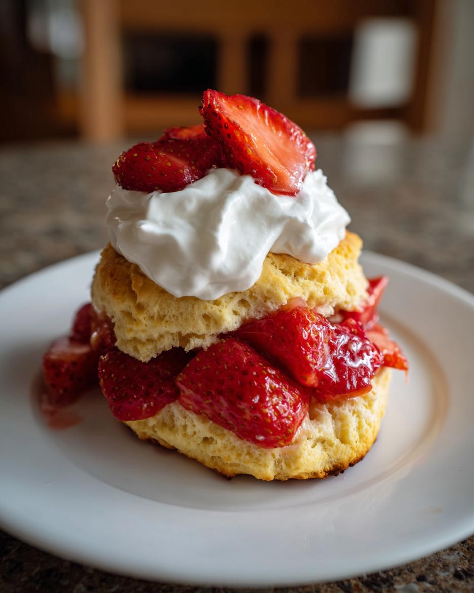 Strawberry shortcake biscuit dessert topped with whipped cream on a white plate.
