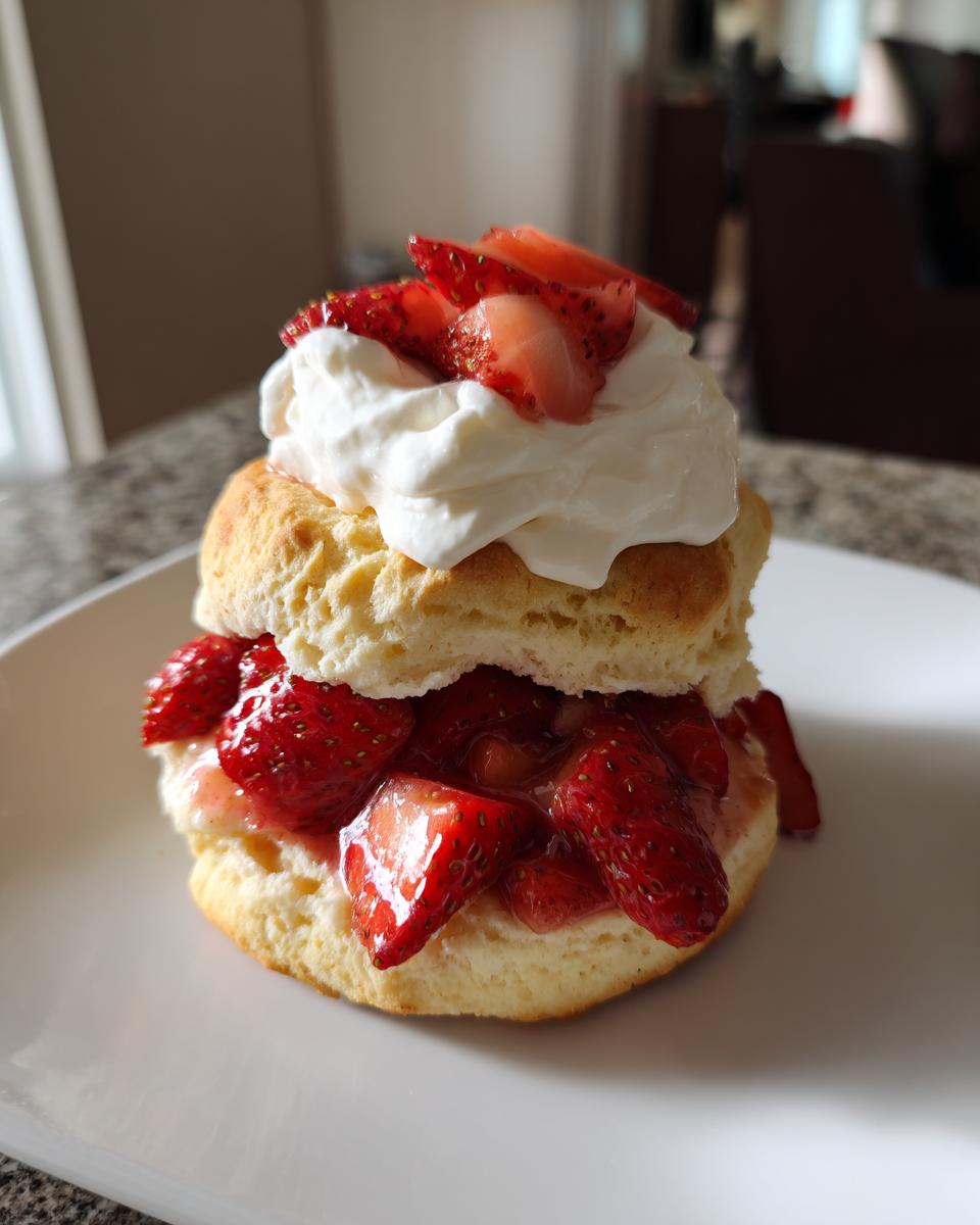 Strawberry shortcake biscuit dessert with fresh strawberries and whipped cream on a white plate.