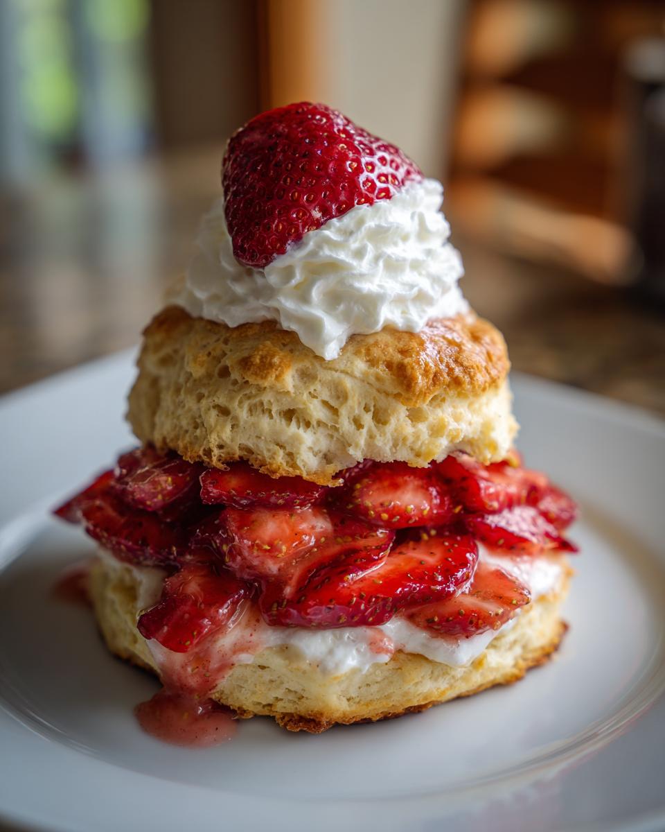 Strawberry shortcake biscuit dessert topped with whipped cream and sliced strawberries on a white plate.
